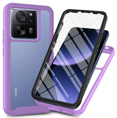 RonRun Kompatibel mit Xiaomi 13T/ Xiaomi 13T Pro Hülle, 360° Grad vollschutz Stoßfest Handyhülle Transparent Hülle Silikon Bumper Cover mit eingebautem Displayschutz Helles Lila