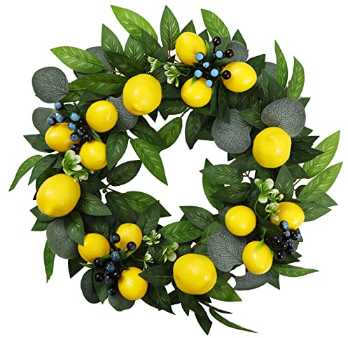 17,7 Zoll Künstlicher Zitronen Kranz für Haustür, Künstlicher Türkranz mit Buchsbaum, Frühlings Sommer Kranz, Grüner Blätter Kranz mit Großen Beeren Weinrebe für(kreisförmig)