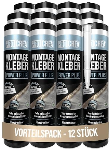 PROCREA® 12x Montagekleber Power Plus [Kleben statt Bohren] Haftstarker Baukleber auf Basis von Acrylatdispersion - Extra starker Sofortkleber für Sockel, Stuck, Styropor, Holz - Made In Germany