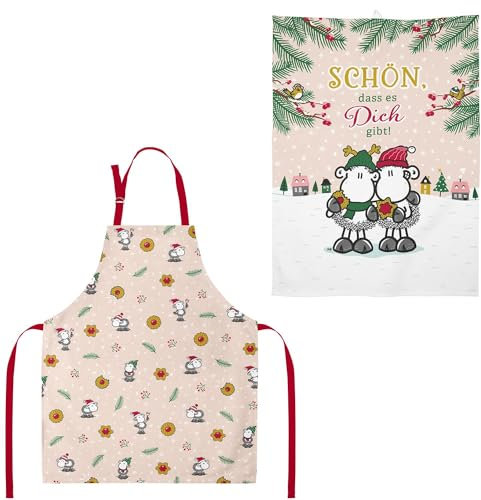 Sheepworld Schürze-Geschirrtuch-Set Motiv Gibt | Geschenkset mit 1 Schürze und 1 Geschirrtuch, Baumwolle | Geschenk Winter, Weihnachtssgeschenk, Geschenk Küche | 51141