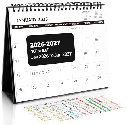 SKYDUE Tischkalender 2024–2025, Juli 2024 bis Dezember 2025, 18 Monate, kleiner Tischkalender mit Planer-Aufklebern, 25,4 x 20,3 cm, Schreibtischkalender, Planer, Schwarz