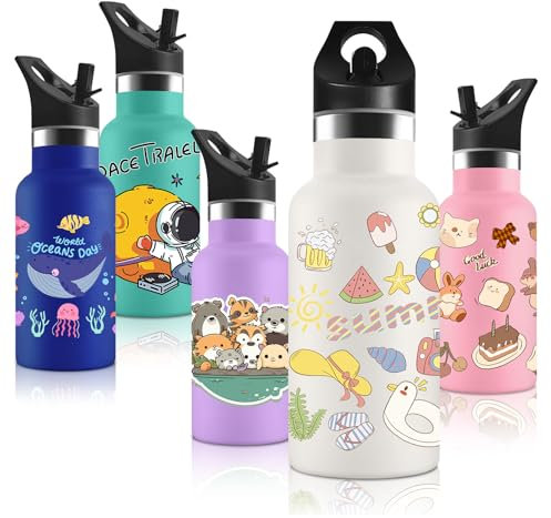 Vikaster Botella agua Acero Inoxidable con Tapa de Popote y asa, Botella Agua Niños, Sin BPA, 350ml,Botella Termica Reutilizable, para Adultos, Niños, Escuela, Ciclismo, Gym, Deportiva