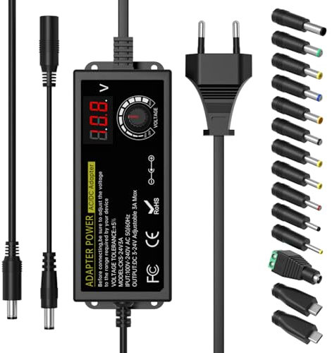 3A 72W Fuente de Alimentación Universal, Adaptador de Corriente Ajustable DC 3V-24V, Pantalla LED de Voltaje 14 Puntas, para Dispositivos electrónicos domésticos 3V-24V, Motor DC, máximo 3000mA