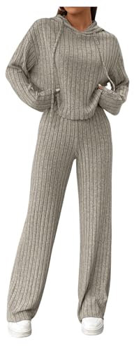 GORGLITTER Hose Und Pullover Set Damen Strick Set Zweiteiler Outfit Langarm Hoodie Und Hose Set Jogginganzug Freizeitanzug Khaki S
