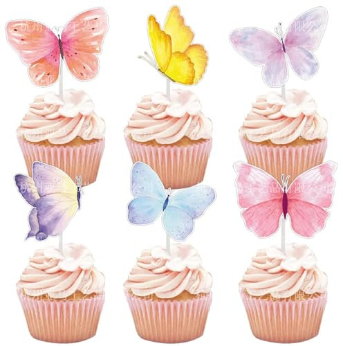 Pangogogo 36Stk Schmetterling Cupcake Toppers, Rosa Gelb Blau Lila tortendeko schmetterling, 6 Stil Schmetterling Muffin Deko für Cake Topper Hochzeit,Geburtstag Party