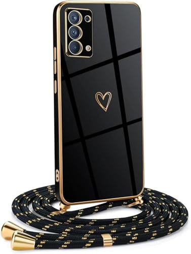 HomiTunky Handykette Hülle kompatibel mit Oppo Find X3 Lite mit Band -Ultra dünn Kameraschutz Herz Love Design Galvanik TPU Silikon Schutzhülle Kordel zum Umhängen,Schwarz