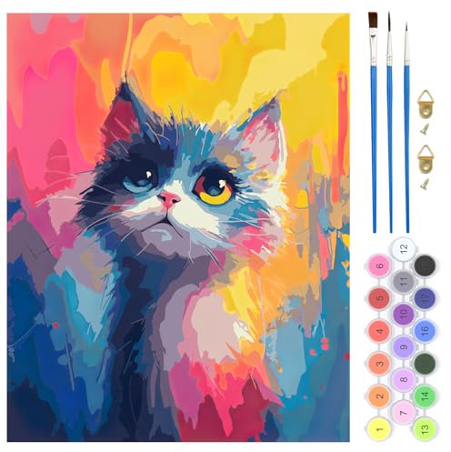 QENSPE Chats Peinture par Numéros pour Adulte, Kit de Peinture l'huile sur Toile Bricolage pour Adulte avec Pinceaux Peinture, Pigment Acrylique Décor Mural 40x50cm (Chats Coloriés)