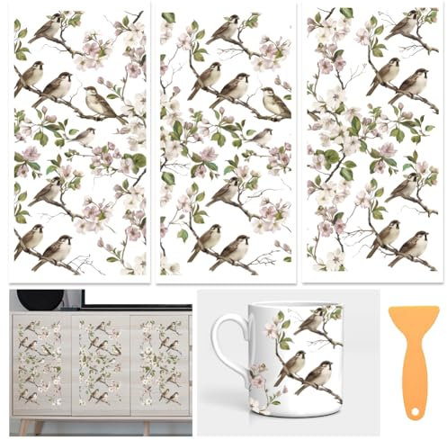 ORIGACH 3 Blatt Groß Rub-On-Transfer-Aufkleber 30 x 15 cm, Wasserfeste Rub On Aufkleber Transfers Sticker für Möbel Glas Holz Deko Handwerksaufkleber Für DIY-Scrapbooking, Vögel und Blumenzweige