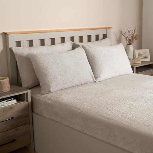 OHS Teddy Bear Pillowcases 2 Pack, Fluffy Side Sleeper Luxury Pillow Covers Winter Warm Cosy Soft Teddy Fleece Hotel Quality Thermal Pillowcases, Natural