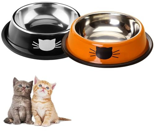 Comedero para Gatos, Cuenco Antideslizante paragatos, Cuencos para Comida Seca y húmeda, Cuenco Duradero para Gatos y Mascotas pequeñas (Negro + Naranja)