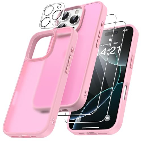 FLLAO 4 in 1 Cover per iPhone 16 Pro con 2 Pellicola Vetro Temperato e 1 Pellicola Protezione Fotocamera, [Protezione Antiurto Militare] Antishock Custodia per iPhone 16 Pro, Rosa