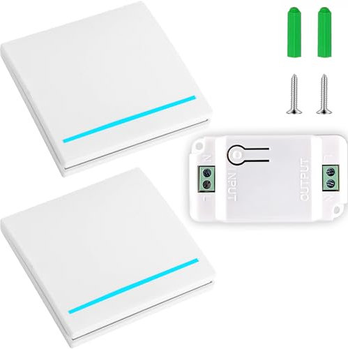 Interruttore della luce radio, 230 V, interruttore radio da parete, interruttore radio per lampada fino a 1500 W, portata fino a 30 m, nessun cablaggio richiesto (1 ricevitore + 2 interruttori)