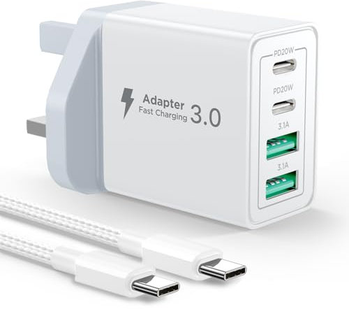 USB C Plug Fast Charge, 40W 4-Port PD Charger Plug Fast Charging UK with 6FT/2M USBC to USBC Cable Type C Charging Plug for iPhone 16/15/14/13/12/11, iPad, Samsung, iPhone Fast Charger Wall Adapter