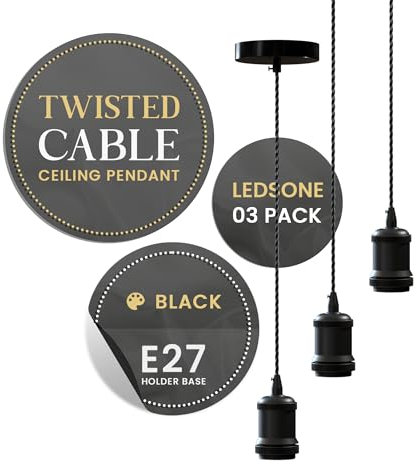 LEDSone 3 Pack Metal E27 Pendant Light Fitting with Twisted Cable Ceiling E27 Vintage Antique Brass Pendant Light for lamp Holder Fitting for Restaurant