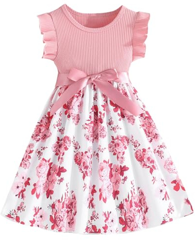Codkkre Vestito Bowknot Bambina Vestitos Girocollo Bambina con Maniche a Balze Vestito da Bambina con Fiori A-Line Abiti Bambine e Ragazze Abito da Principessa da Festa Taglia 4-8 Anni