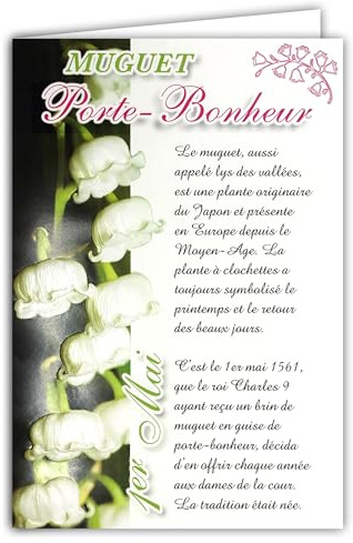 AFIE 68-1030-1 Geprägte Karte Maiglöckchen Glücksbringer vom 1. Mai Blumen mit weißen Glocken des Frühlings zum Verschenken mit Umschlag Format 12 x 17 cm Großer Text zur Erklärung der Tradition