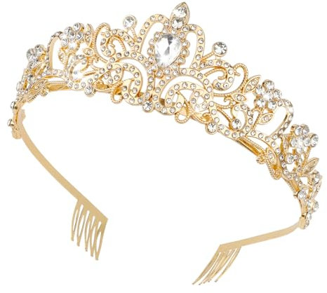 KILDOWS Corona Princesa, Tiara de Strass Oro Corona de Cristal Corona de Pelo Nupcial Tiara de Novia Diadema Accesorios para Mujeres Niñas Bodas Bailes Fiesta de Cumpleaños Decoración