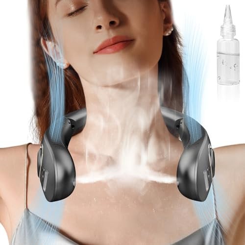Neck Fan With Water Mist Spray-Neck Fans for Women Rechargeable,Folding Portable Bladeless Mini Usb Head Hands Free Personal Fans Round Neck Quiet,Battery Powered Face Fan for Men Adults Kids Black