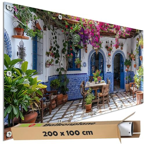 TRIOSK Sichtschutz Balkon Deko Plane Balkonblende Blickdicht mit Motiv Landhaus Terrasse Mediterran für Garten Terrasse Gartenzaun Balkonverkleidung Blickschutz PVC groß 200x100 cm