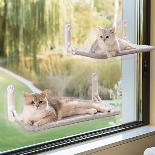 MEWOOFUN Cat Window Bed Hammock for Indoor Cats - Foldable Cat Window Perch w/Reversible Mat, Upgrade Strong Suction Cups Sturdy (Grey-Double, M)