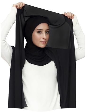 Lina & Lily Chiffon Instant Hijab Kopftuch mit Jersey Ninja Unterkappe für Muslimische Frauen (Schwarz)