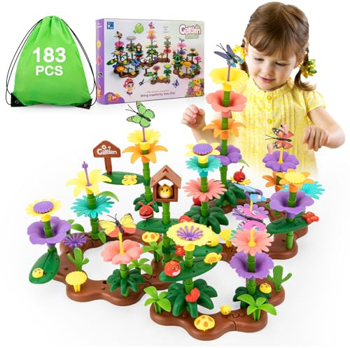 Funsland Jouets de Construction de Jardin de Fleurs pour Filles 3 4 5 6 Ans, 183 PCS Ensembles de Bouquets de Bricolage, Montessori Éducation Jouet Cadeau pour Filles et Garçons