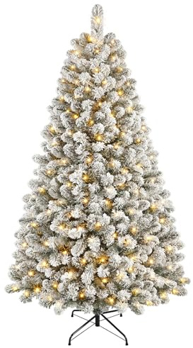 SHareconn 6ft Pre Lit Christmas Tree Snow Flocked with 250 Warm White LED Lights, 8 Light Modes, 778 Snow Branch Tips, Foldable Metal Stand, Artificial Xmas Tree for Home Office Party Decoration