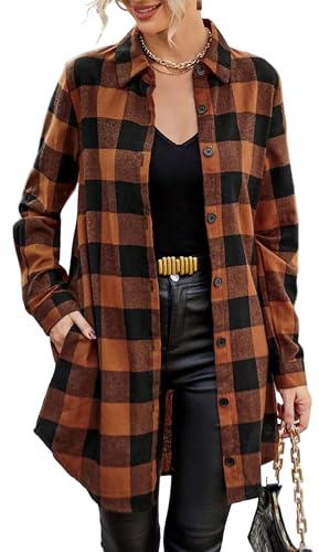 Jhsnjnr Damen Flanell Kariertes Hemdbluse Knopfleiste V Ausschnitt Oberteile Longshirt Oversize Karohemd Langarmshirt