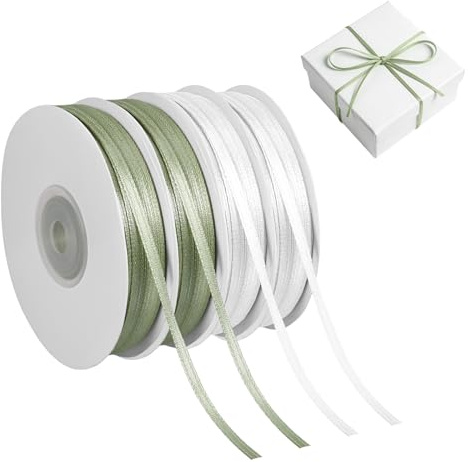 180 m Schleifenband Grün und Satinband Weiß 3 mm Breites Geschenkband, Geeignet für Geschenkverpackungen, Bastelarbeiten und Webarbeiten(2 Grüne und 2 Weiße, 45 Meter Pro Rolle)