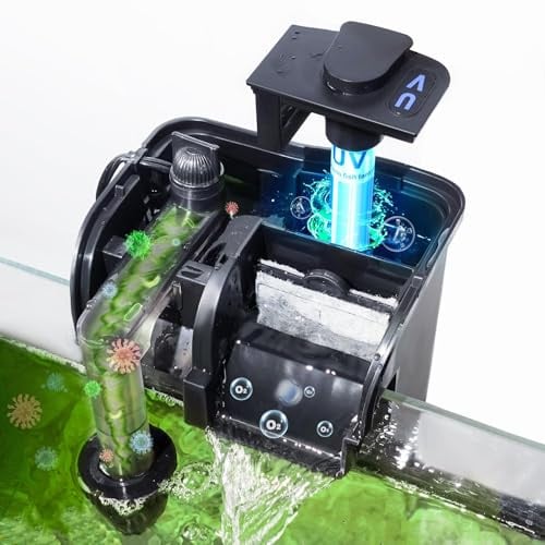 Filtro de Mochila Tararium con lámpara U-V 600L/h para acuarios de 40-150 litros | Filtro Colgante como Filtro Exterior 4 en 1 con aspiración Superficial para Agua Dulce/Salada