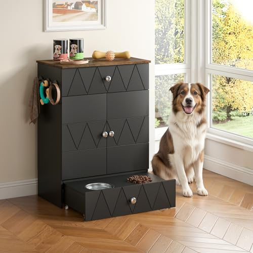 Pet Feeding Station with Storage, Dog Food Storage Cabinet with 2 Raised Dog Bowls, Dogs Feeding Station with 2 Drawers, Adjustable Shelf and 3 Hooks, for Feeding & Watering Supplies (Black)