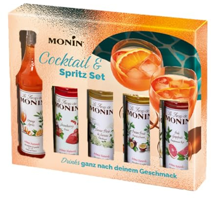 MONIN Spritz & Aperitif Set 5 x 5 cl | Mini Sirup Set mit Erdbeere, Pink Grapefruit, Orange Spritz, Passion & Holunderblüte für Aperitifs & Spritzgetränke