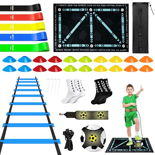 Wood Homing Football Trainingsset - 6m Agility Leiter Fussball Trainingsgeräte Set mit 20 Hütchen Kick Trainer Trainingsmatte Widerstandsbänder Grip Socken für Kinder Erwachsene