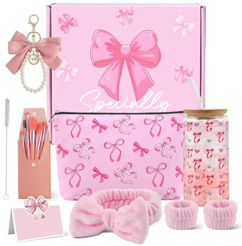 Geschenke für Mädchen Teenager 9 10 11 12 13 14 15 16 Jahre, Personalisiertes Geburtstagsgeschenk für Freundin Tochter mit Kosmetiktasche,Glasbecher, Make-up Pinseln,Haarband ,Schlüsselanhänger