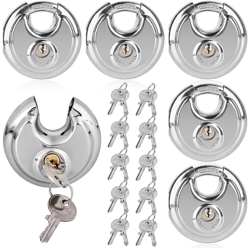 BAIFULAI 5 cerraduras redondas de 60 mm, candado con 10 llaves, candado redondo con grillete de acero inoxidable, candado redondo Rostfre resistente a la intemperie, candado de seguridad