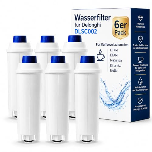 6er-Packung Wasserfilter für Delonghi DLSC002 - Kompatibel mit ECAM, ETAM, Magnifica, Dinamica, Eletta - Aktivkohle Ersatzfilter für Kaffeevollautomaten, chlorfrei & geschmacksneutral