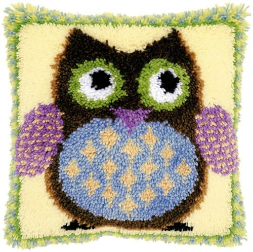 ANIANIZ Knüpfkissen-Set für Erwachsene und Anfänger, DIY-Stickerei, vorgedruckte Eule, Bastelset, Knüpfhaken, flauschiger quadratischer Überwurf, Kissenbezug, 43 x 43 cm, für Sofa-Dekoration (Eule)