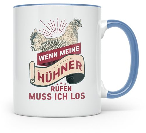 Hühner Tasse - Wenn meine Hühner rufen muss ich los! - Hühnerzüchter Geschenkidee - Landwirtschaft - Bauernhof - Geflügel - Hahn & Hennen (Blau)