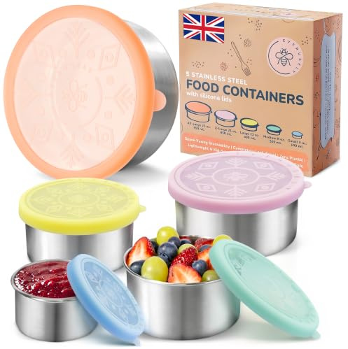 Stainless Steel Food Containers, Metal Lunch Boxes, Set of 5, Sorbet | Everusely lunch containers feature colourful lids and offer durable utility for snacks, meal prep and food storage.