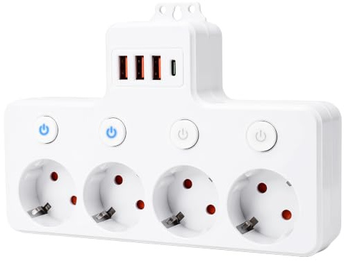 Multiprise avec Interrupteur Individuel, Multiprise Murale 4 Prises USB, Prise Multiple Parafoudre, Multiprises 4 USB (1 Type-C) Flexible Bureau, pour Maison, Cuisine, Voyage