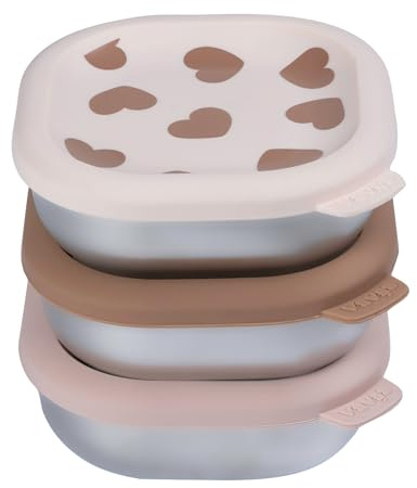 BÉABA, Set of 3 Stainless Steel Baby Food Containers, Evolving Portions for Purées & Snacks, Airtight, Unbreakable, Microwave & Freezer Safe, BPA-Free, Odour-Free, Durable Storage Pots, 250 ml, Love