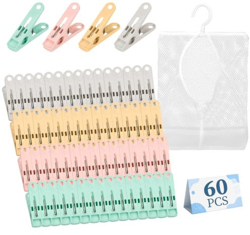 Alyvisun 60 Pinces à Linge avec Sac de Rangement et Ressorts Robustes | Épingles à linge légères en plastique pour vêtements chaussettes et serviettes dedans ou dehors pour la lessive quotidienne