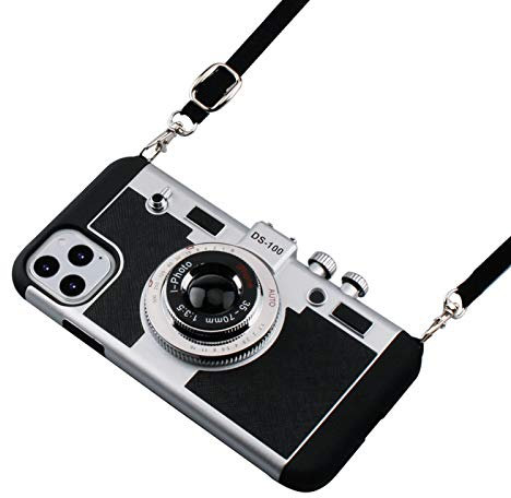 Awsaccy Emily in Paris Phone case iPhone 11 Pro Max, 3D Cool Unique Cute Camera Design Case PC Silicone Cover Case with Long Strap Rope for Apple iPhone 11 Pro Max 6.5 inch (Moderate Hardness), Black