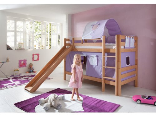 Relita Etagenbett Bill, Buche Natur massiv, mit Rutsche + Stoffset lila-wei