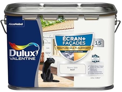 Dulux Valentine Peinture Ecran+ Multi-Supports Extérieure Façades - Crépis, Briques, Ciment, Enduit, Alu, Zinc, PVC - Couleur Longue Tenue - Mat Blanc 2,5L