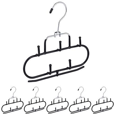 Relaxdays Gürtelhalter 3er Set, 5 Haken, Steg, rutschfest, Accessoires-Bügel, Krawatten, Gürtel, Tücher, Metall, schwarz