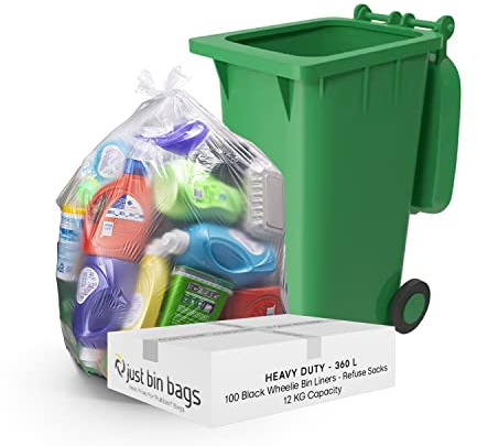 100x 360L Clear Wheelie Bin Liners - Refuse Sacks | EXTRA HEAVY DUTY | 12kg Capacity- 120 Gauge, 30 Micron Waste Recycling Rubbish Dustbin Bags | Domestic & Commercial Use