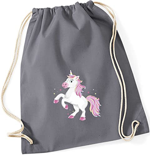 Turnbeutel für Kinder | Motiv Einhorn | Schuhbeutel Sporttasche Jutesack zum Zuziehen für Mädchen | Stoffbeutel mit Kordel für Schule, Kindergarten, Freizeit (grau)
