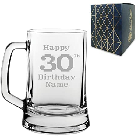 Personalised Engraved Tankard Beer Mug Stein Happy 30th Birthday Pixelated Design Gift Boxed, 16.75oz/495ml Classic Beer Glass, Any Name, Engraved in The UK