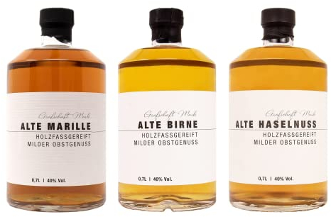 Grafschaft Mark Mix 3 x 0,7 L, Alte Marille, Alte Birne & Alte Haselnuss, 40% vol. Alkohol, milder holzfassgelagerter Obstbrand, Schnaps Spezialitäten aus unserer Brennerei, hochwertige Spirituose
